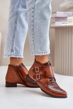 Skórzane Botki Na Niskim Obcasie Z Klamrami Maciejka 06696-02 Brązowe