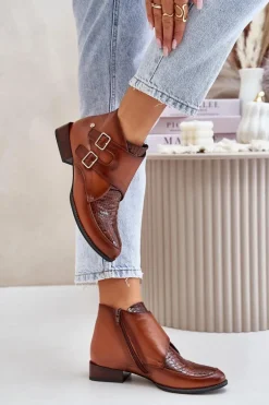 Skórzane Botki Na Niskim Obcasie Z Klamrami Maciejka 06696-02 Brązowe