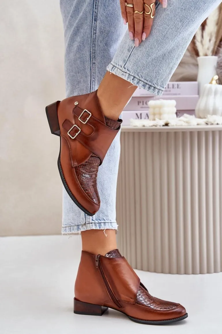 Skórzane Botki Na Niskim Obcasie Z Klamrami Maciejka 06696-02 Brązowe