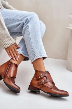 Skórzane Botki Na Niskim Obcasie Z Klamrami Maciejka 06696-02 Brązowe