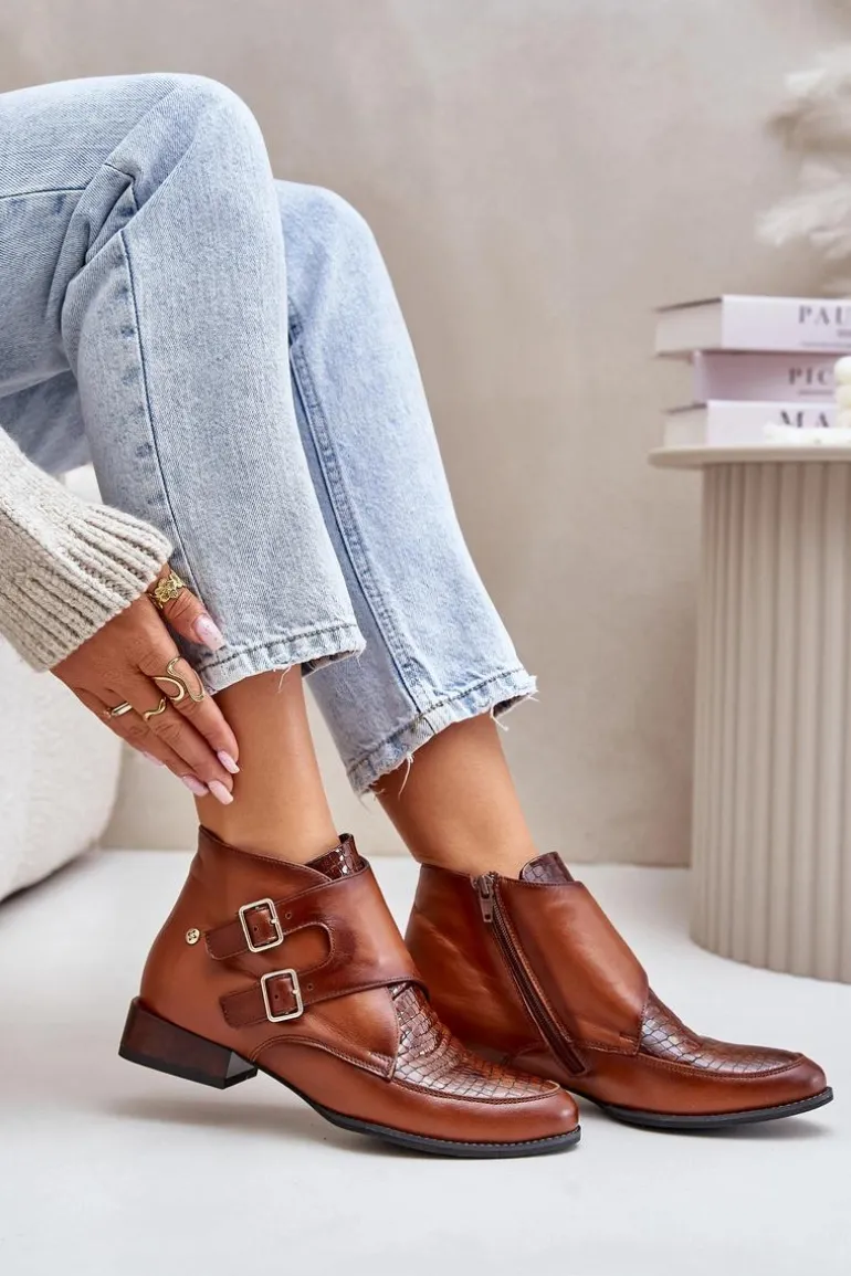 Skórzane Botki Na Niskim Obcasie Z Klamrami Maciejka 06696-02 Brązowe