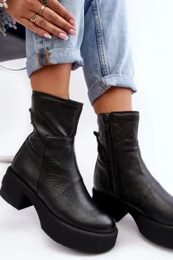 Skórzane Botki Na Niskim Obcasie Czarne Lemar Volavola