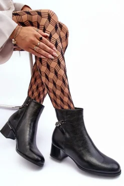 Skórzane Botki Na Niskim Obcasie Czarne Rennie