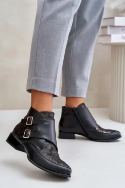 Skórzane Botki Na Niskim Obcasie Z Klamrami Maciejka 06696-01 Czarne