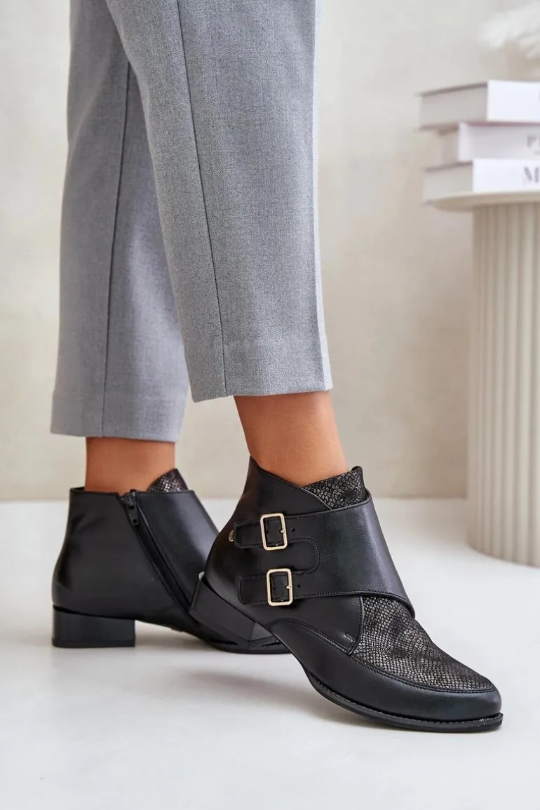 Skórzane Botki Na Niskim Obcasie Z Klamrami Maciejka 06696-01 Czarne