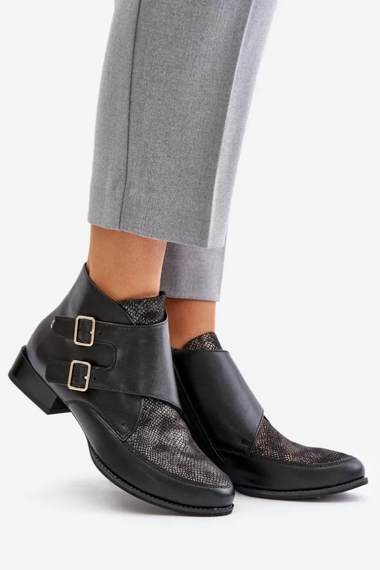 Skórzane Botki Na Niskim Obcasie Z Klamrami Maciejka 06696-01 Czarne