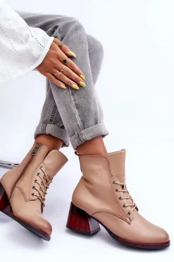 Skórzane Botki Na Obcasie Beżowe Luloshe