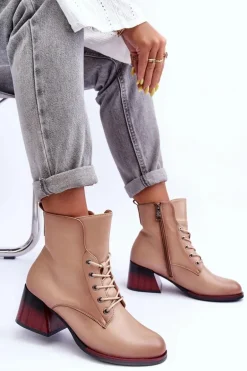 Skórzane Botki Na Obcasie Beżowe Luloshe