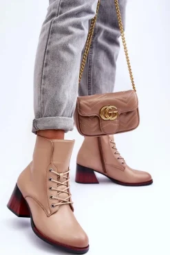 Skórzane Botki Na Obcasie Beżowe Luloshe