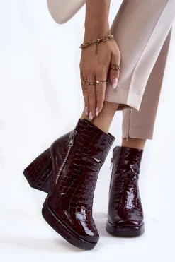 Skórzane Botki Na Obcasie Krokodyli Wzór Bordowe Alienore