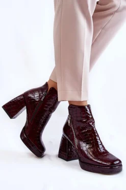 Skórzane Botki Na Obcasie Krokodyli Wzór Bordowe Alienore