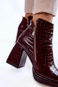Skórzane Botki Na Obcasie Krokodyli Wzór Bordowe Alienore