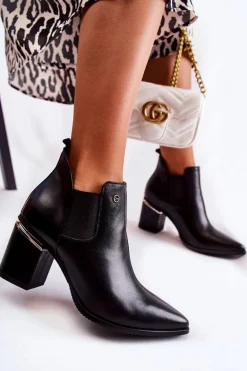 Skórzane Botki Na Obcasie Laura Messi 2506 Czarne