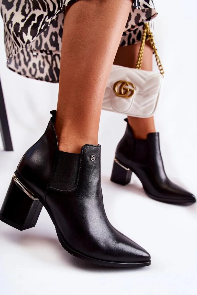 Skórzane Botki Na Obcasie Laura Messi 2506 Czarne