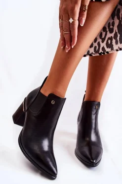 Skórzane Botki Na Obcasie Laura Messi 2506 Czarne