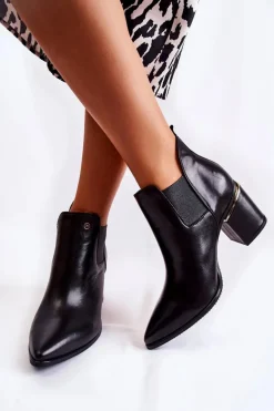 Skórzane Botki Na Obcasie Laura Messi 2506 Czarne