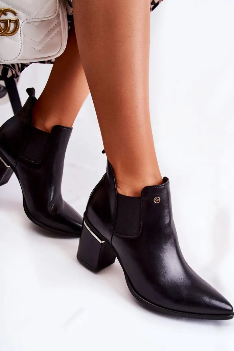 Skórzane Botki Na Obcasie Laura Messi 2506 Czarne