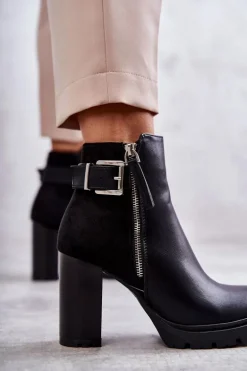 Skórzane Botki Na Obcasie Z Ozdobnym Zamkiem Czarne Rosita