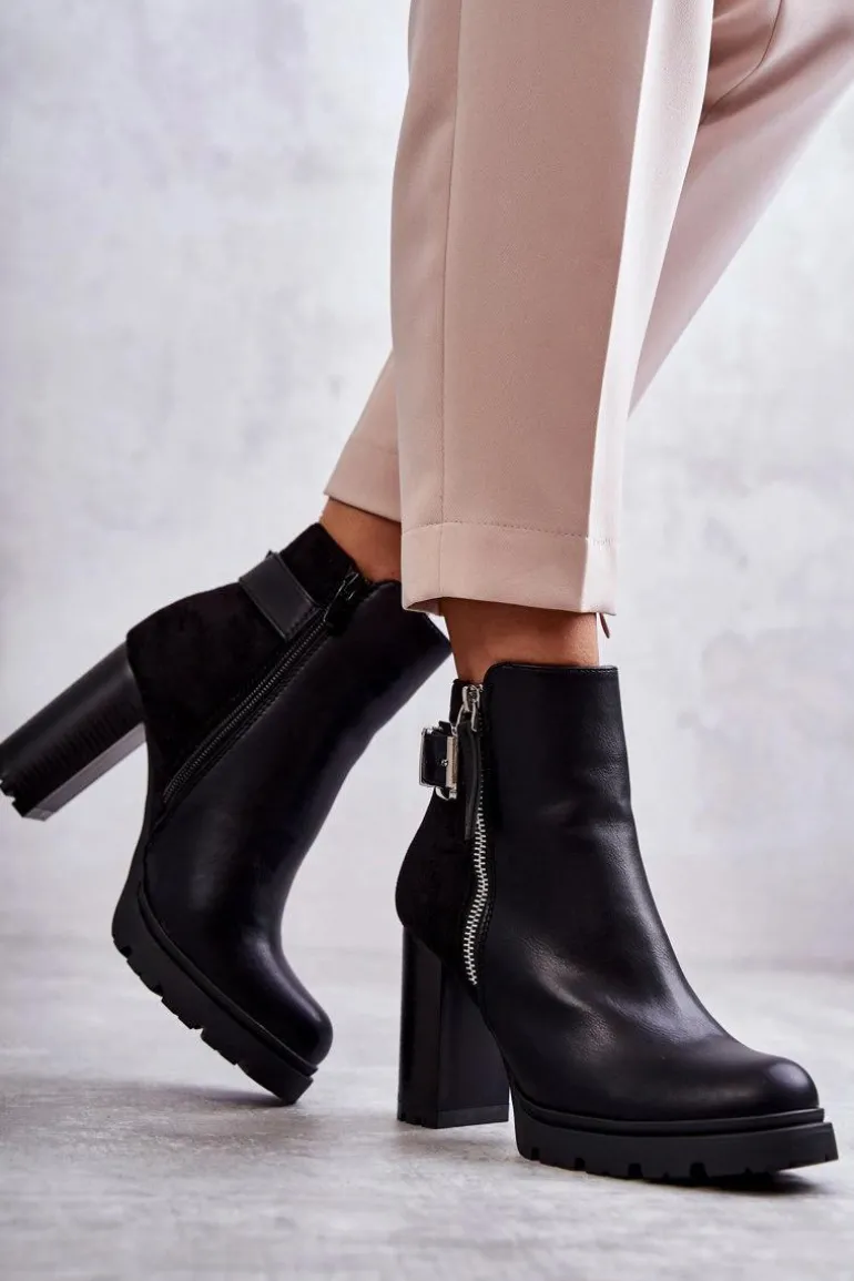 Skórzane Botki Na Obcasie Z Ozdobnym Zamkiem Czarne Rosita