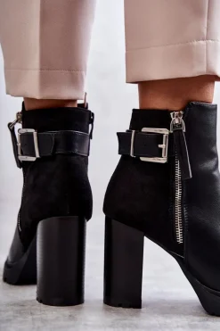 Skórzane Botki Na Obcasie Z Ozdobnym Zamkiem Czarne Rosita