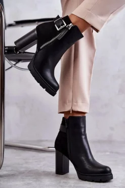 Skórzane Botki Na Obcasie Z Ozdobnym Zamkiem Czarne Rosita