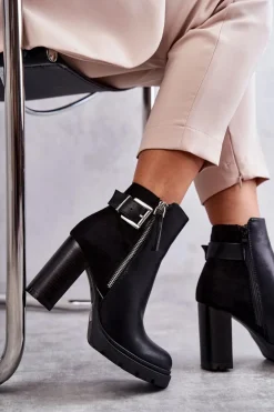 Skórzane Botki Na Obcasie Z Ozdobnym Zamkiem Czarne Rosita