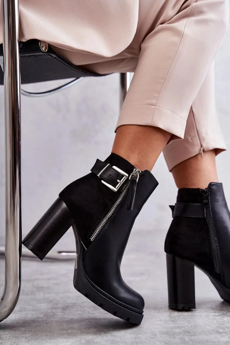 Skórzane Botki Na Obcasie Z Ozdobnym Zamkiem Czarne Rosita