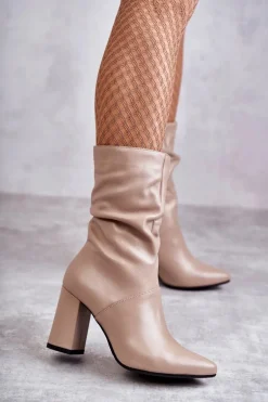 Skórzane Botki Na Obcasie Laura Messi 2560 Beżowe