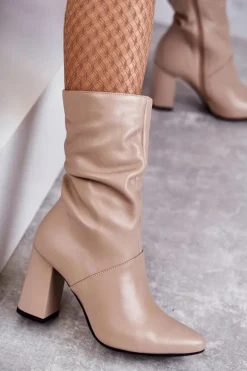 Skórzane Botki Na Obcasie Laura Messi 2560 Beżowe