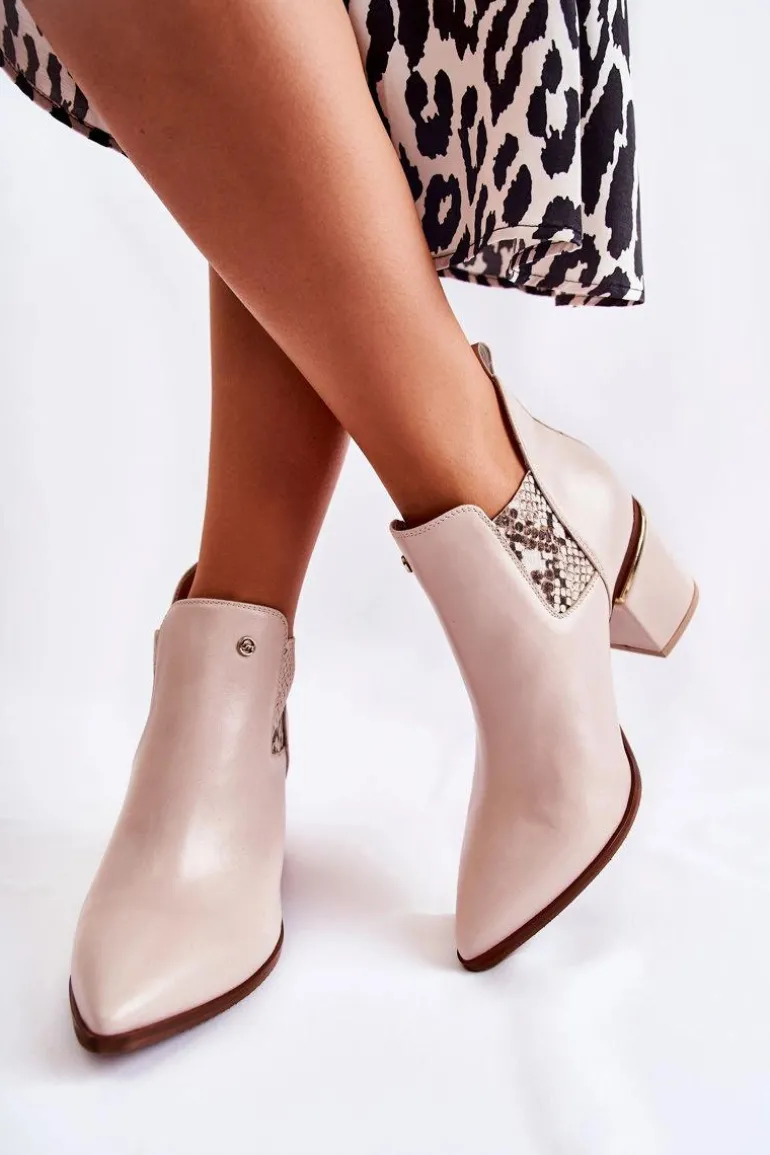 Skórzane Botki Na Obcasie Laura Messi 2506 Beżowe
