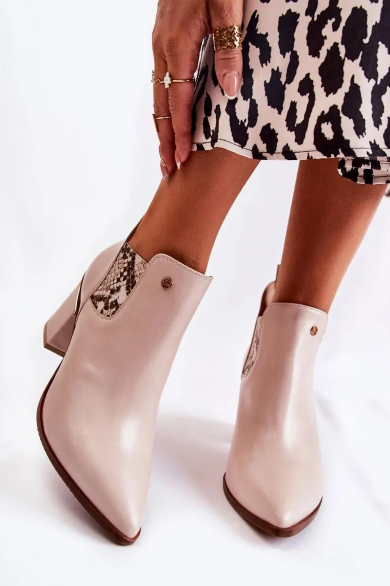 Skórzane Botki Na Obcasie Laura Messi 2506 Beżowe