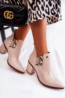 Skórzane Botki Na Obcasie Laura Messi 2506 Beżowe