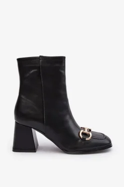 Skórzane Botki Na Obcasie Z Ozdobą Czarne Pamelinta