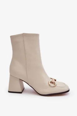 Skórzane Botki Na Obcasie Z Ozdobą Beżowe Pamelinta