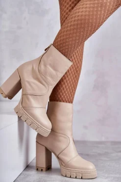 Skórzane Botki Na Obcasie Beżowe Elia