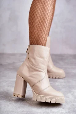 Skórzane Botki Na Obcasie Beżowe Elia