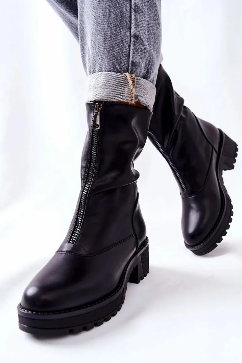 Skórzane Botki Na Obcasie Czarne Challonte