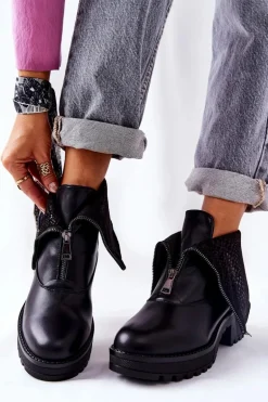 Skórzane Botki Na Obcasie Czarne Challonte