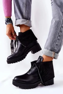 Skórzane Botki Na Obcasie Czarne Challonte