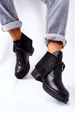 Skórzane Botki Na Obcasie Czarne Challonte