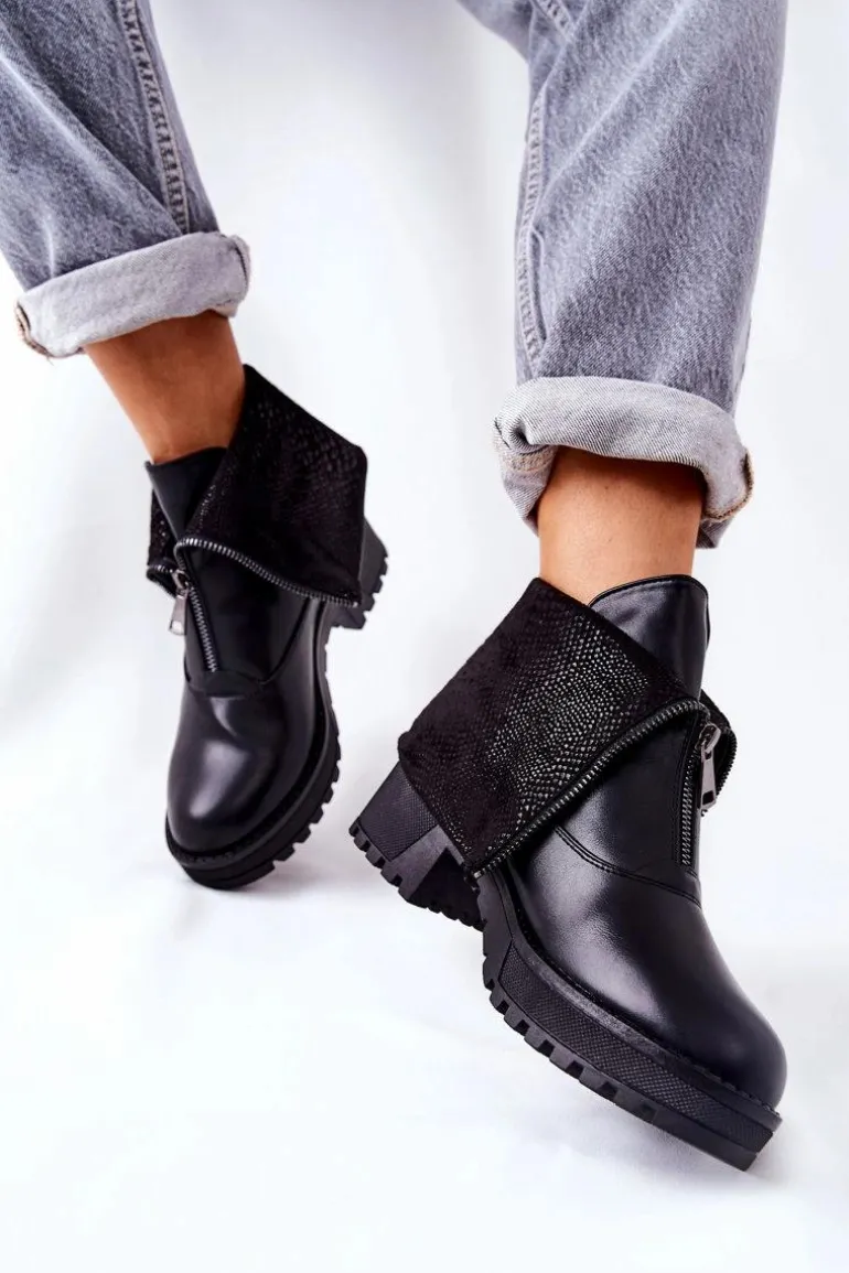 Skórzane Botki Na Obcasie Czarne Challonte