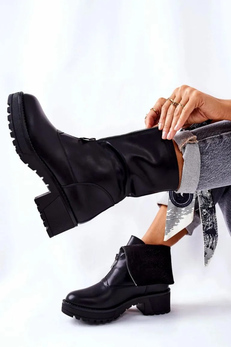 Skórzane Botki Na Obcasie Czarne Challonte