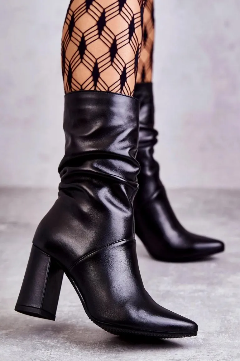 Skórzane Botki Na Obcasie Laura Messi 2560 Czarne