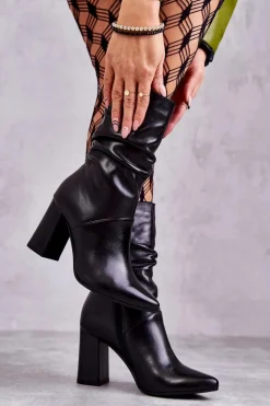 Skórzane Botki Na Obcasie Laura Messi 2560 Czarne