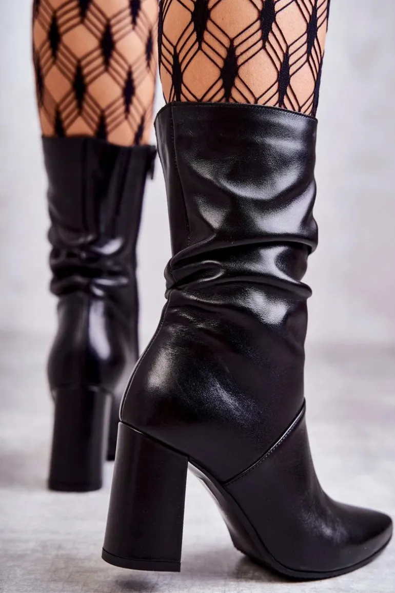 Skórzane Botki Na Obcasie Laura Messi 2560 Czarne