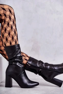 Skórzane Botki Na Obcasie Laura Messi 2560 Czarne