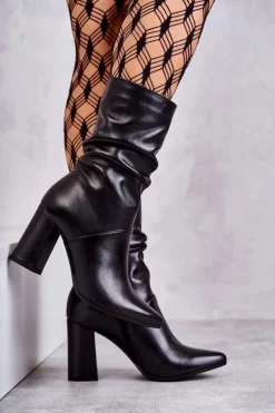 Skórzane Botki Na Obcasie Laura Messi 2560 Czarne