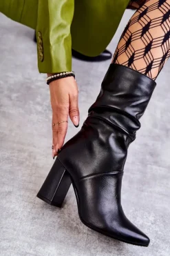 Skórzane Botki Na Obcasie Laura Messi 2560 Czarne