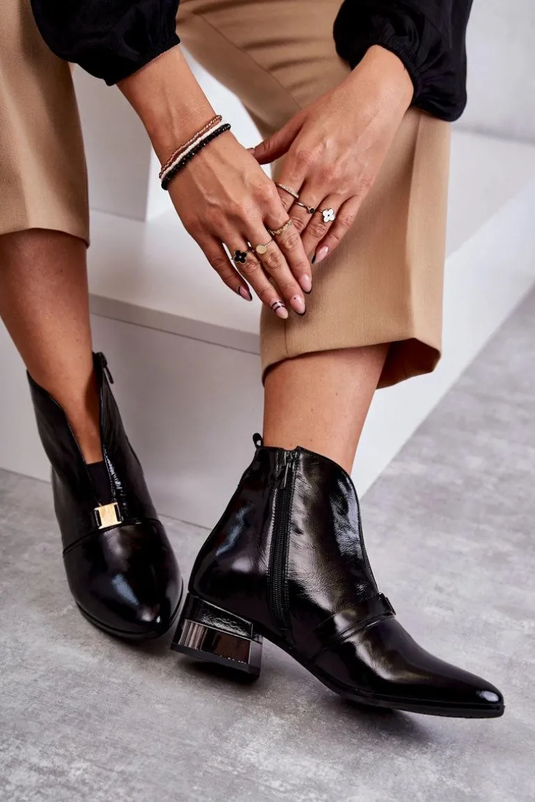 Skórzane Botki Na Płaskim Obcasie Laura Messi 2268 Czarne