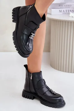 Skórzane Botki Na Płaskim Obcasie Z Ozdobą Ocieplane Czarne Asperra